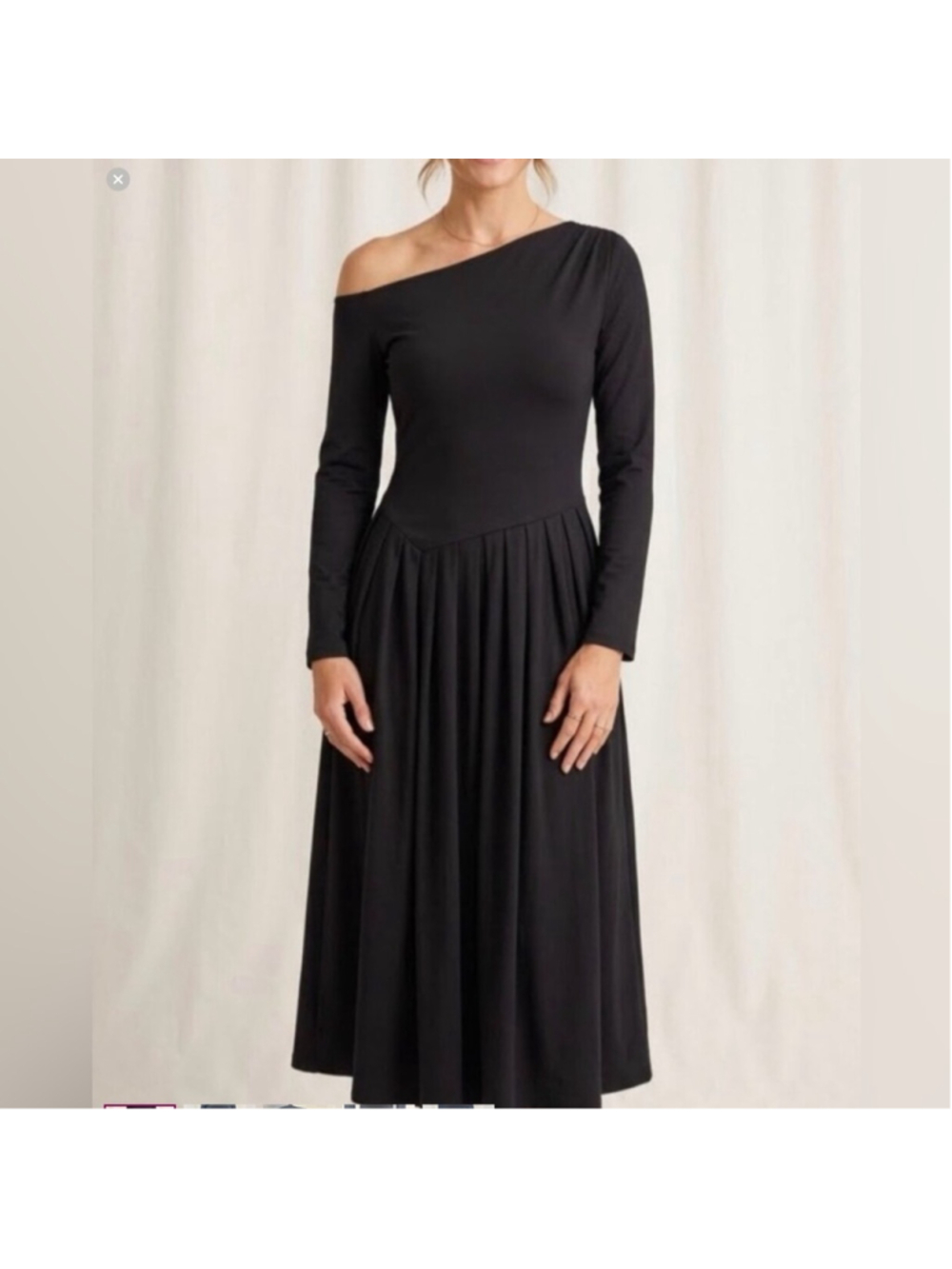 Elegant Black off one shoulder Long-Sleeve Pleated Midi Dress party casual 1986
